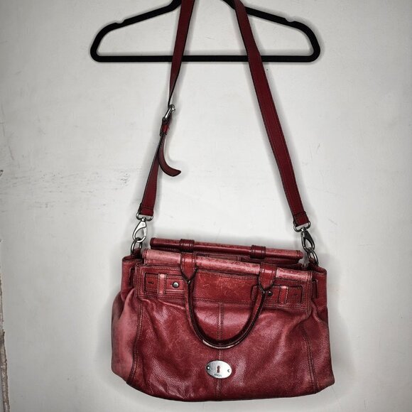 Fossil Maddox Bar Satchel Genuine Cow Hide Leather Red Distressed Shoulder Bag - Picture 2 of 16